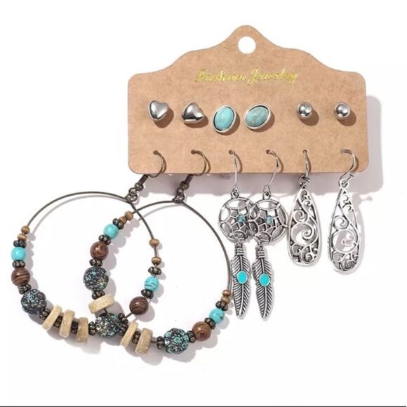 Boho Turquoise Earring Set Dream Catcher Hoop - Picture 1 of 2